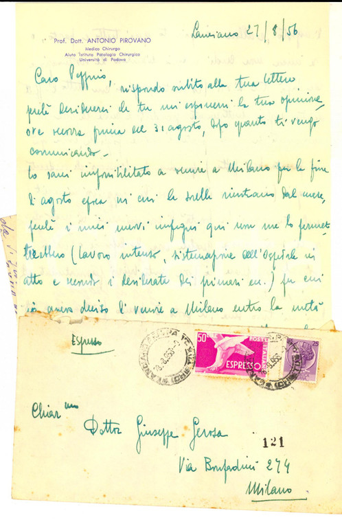 1956 PADOVA Lettera privata prof. Antonio PIROVANO a Giuseppe GEROSA BRICHETTO