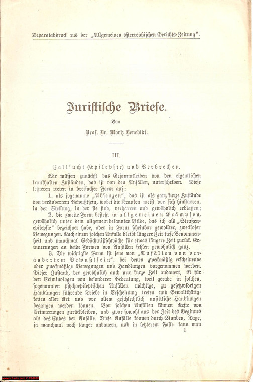 1900 Moritz BENEDIKT Juristische Briefe Epilessia