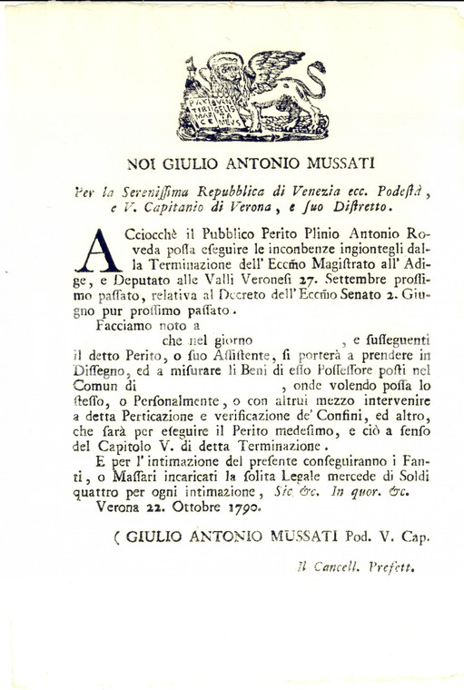 1790 VERONA Misure del perito Plinio Antonio ROVEDA *Manifesto