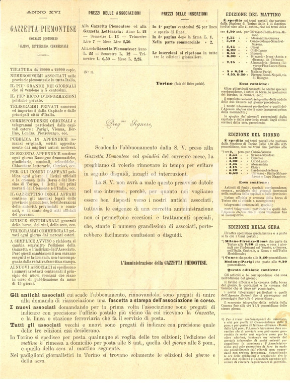 1890 ca TORINO Abbonamento alla GAZZETTA PIEMONTESE *Pubblicitaria