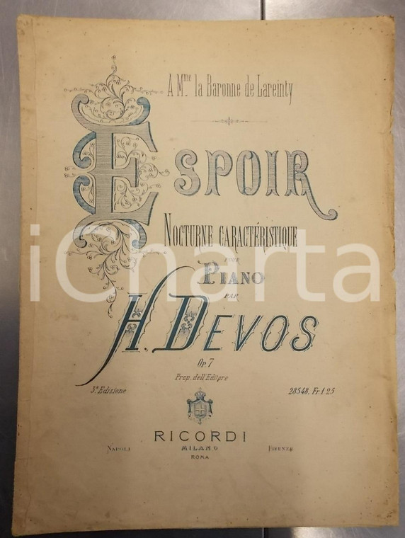 1870 ca H. DEVOS Espoir - Nocturne pour piano *Ed. RICORDI MILANO Spartito