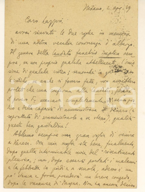 1939 MILANO Vittorio Enzo ALFIERI desidera una gita a Varese *Autografo