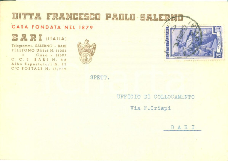 1952 BARI Ditta Francesco Paolo SALERNO licenzia Nicola AMORUSO *Cartolina FG VG