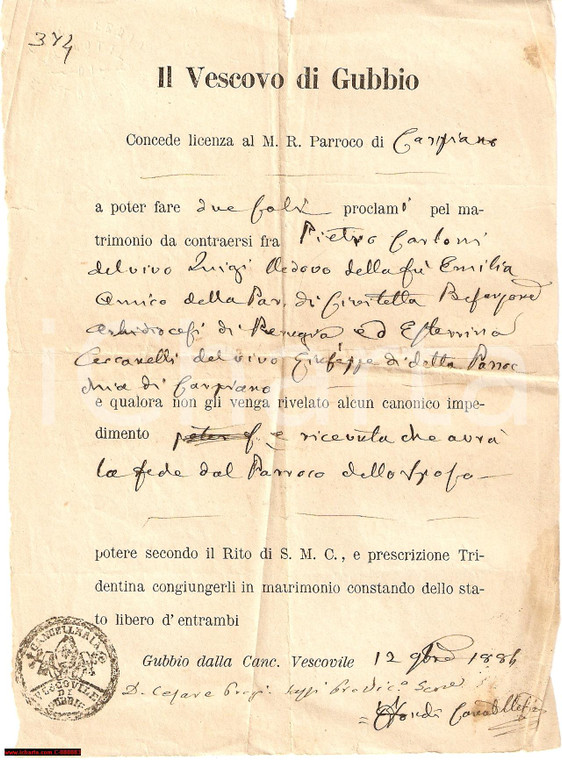 1884 CARPIANO Pietro CARTONI sposa Esterina CECCARELLI
