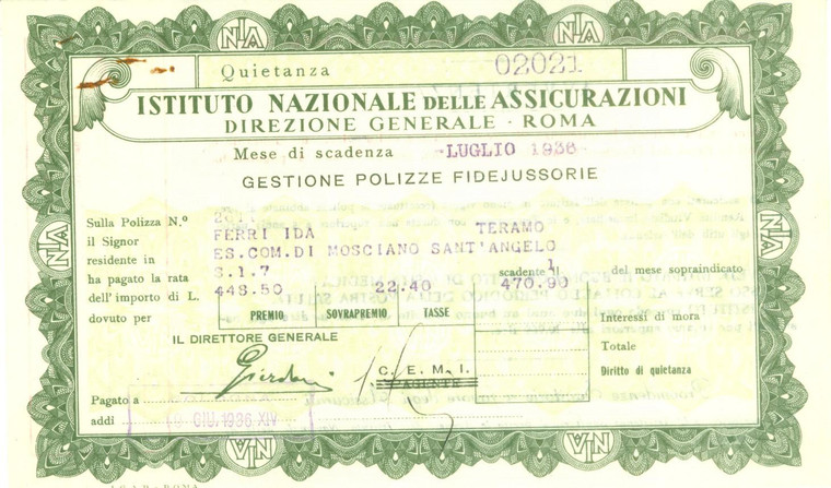 1936 MOSCIANO SANT'ANGELO (TE) Istituto Nazionale Assicurazioni Quota Ida FERRI