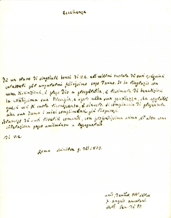 1839 ROMA Inquisitore Angelo ANCARANI ricambia auguri Capodanno *AUTOGRAFO