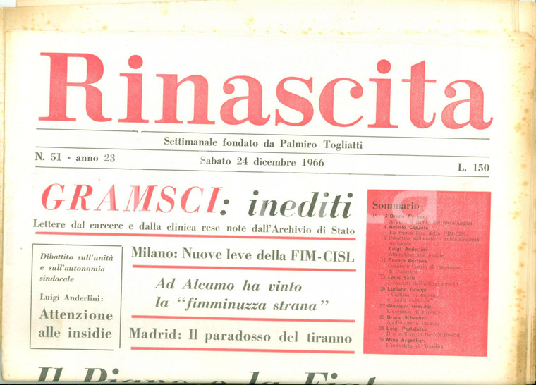 1966 RINASCITA Avanza il fronte dei metalmeccanici FIM Mote Walt DISNEY Giornale