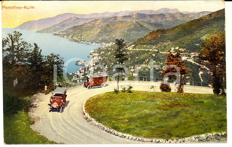 1910 PORTOFINO (GE) Veduta dall'alto con tornanti *Cartolina ANIMATA auto FP