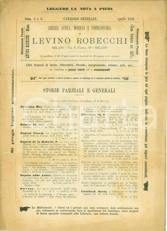 1889 MILANO Catalogo Libreria Levino ROBECCHI n° 5-6 Storie generali