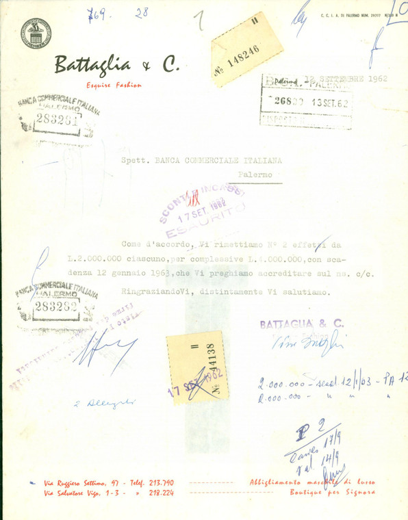 1962 PALERMO Esquire Fashion BATTAGLIA & C. *Lettera commerciale
