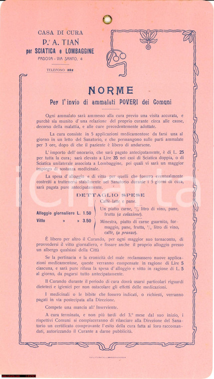 1910 Padova Sanatorio TIAN Sciatica *Norme invio poveri