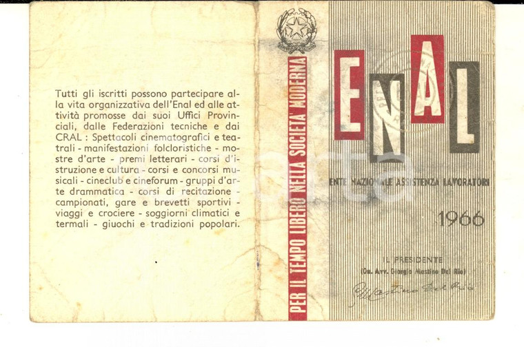 1966 ENAL CARBONARA DI PO - Tessera associativa *DANNEGGIATA