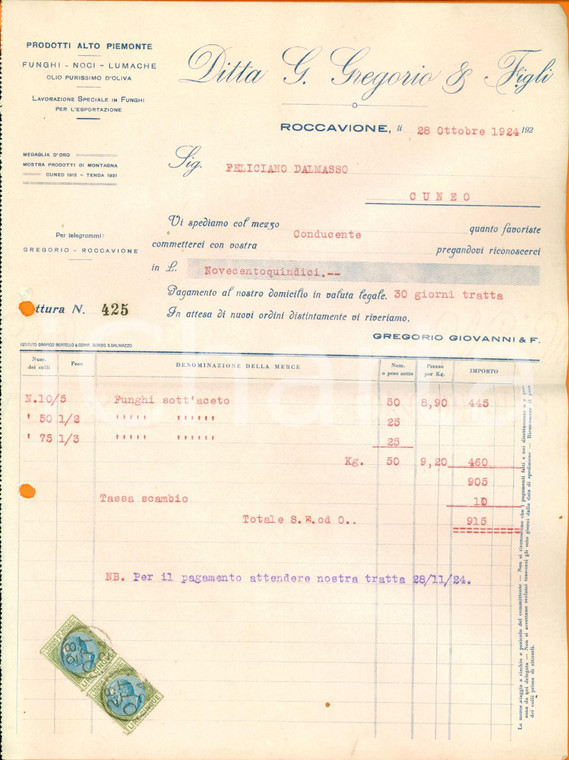 1924 ROCCAVIONE (CN) Ditta GREGORIO & Figli - Funghi noci lumache *Fattura