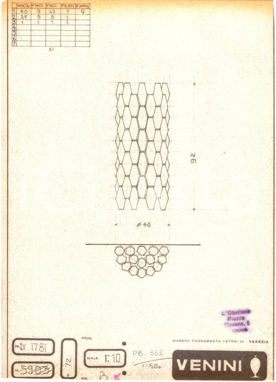 1960 ca MURANO VENEZIA Vetrai VENINI Disegno lampada Copia eliografica
