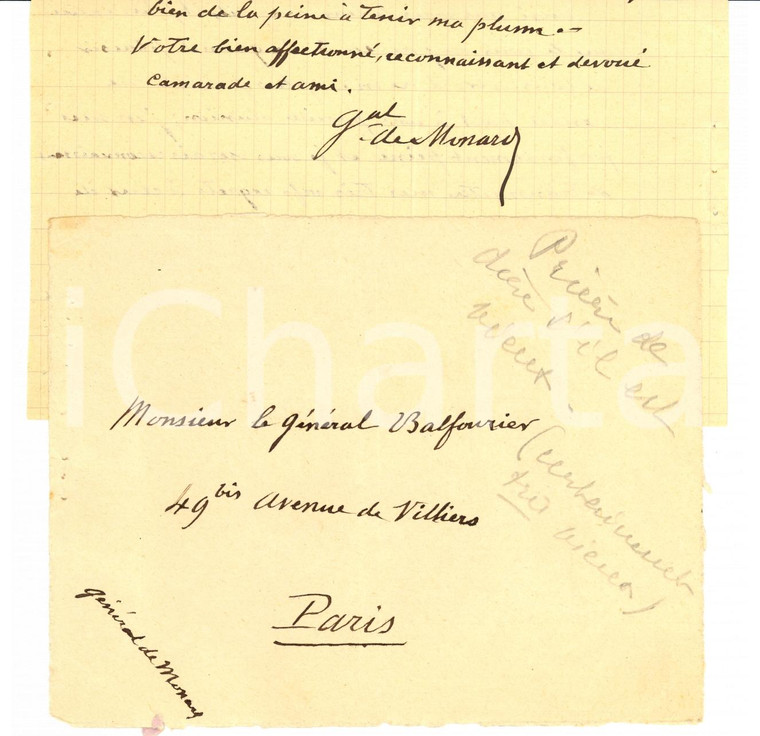1920 PARIS Lettre autographe Général Jules de MONARD