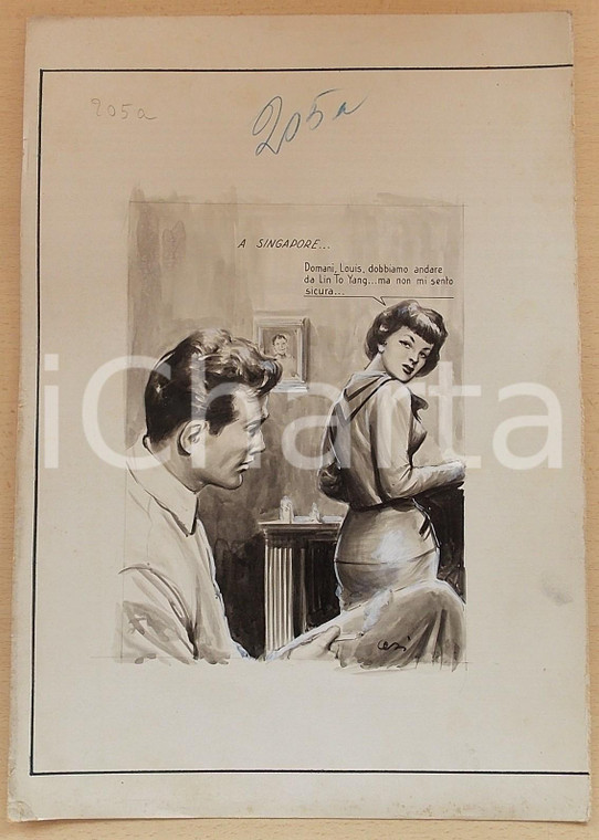 1955 ca BOZZETTO ORIGINALE Amanti in un hotel di Singapore *Illustrazione CESI