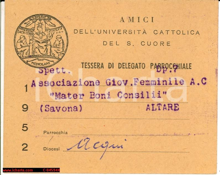 1950 ALTARE (SV) Tessera Amici Univ. CATTOLICA Milano
