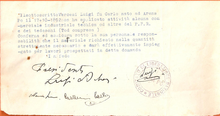 1945 ARENA PO PV CLN Antifascista Luigi VERCESI nessun commercio con PFR e TODT