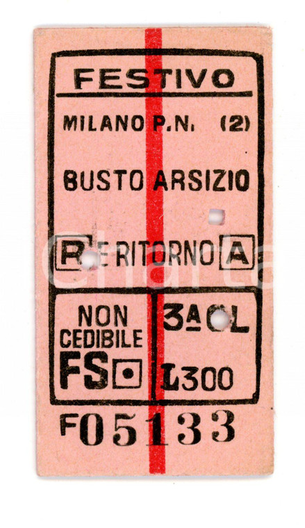 1955 FFSS MILANO PN - BUSTO ARSIZIO Biglietto ferroviario FESTIVO Terza classe