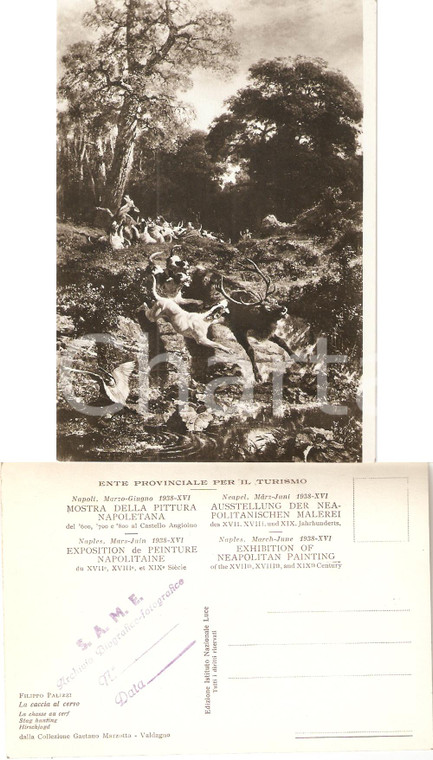 1938 NAPOLI Mostra pittura napoletana Filippo PALIZZI Caccia al cervo *Cartolina