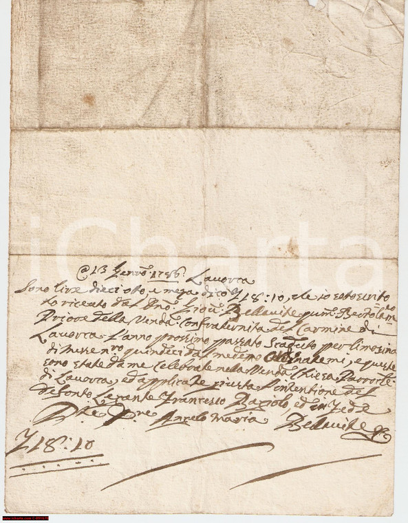 1786 LAORCA Don Angelo BELLAVITE in suffragio BAGIOLO
