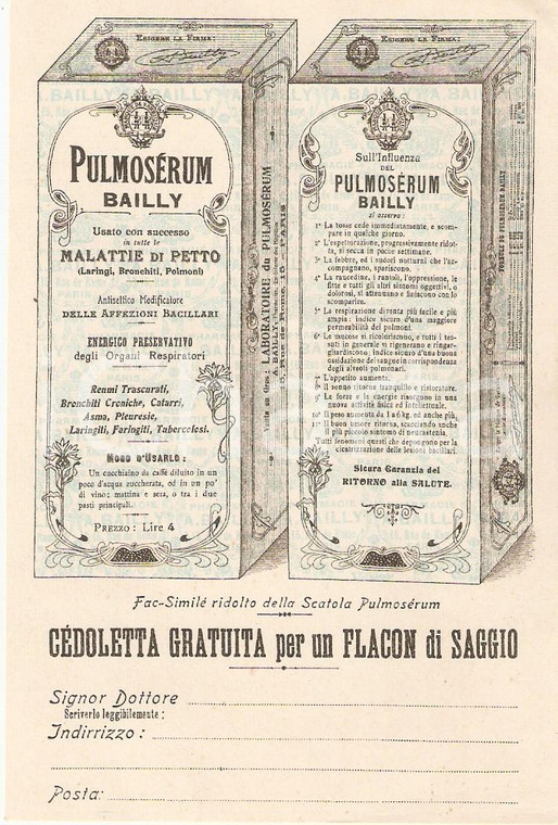 1940 ca PARIS Laboratoire BAILLY Pulmosérum *Cartolina pubblicitaria ILLUSTRATA