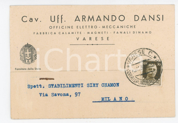 1939 VARESE Cav. Uff. Armando DANSI Officine elettro-meccaniche *Cartolina FG VG