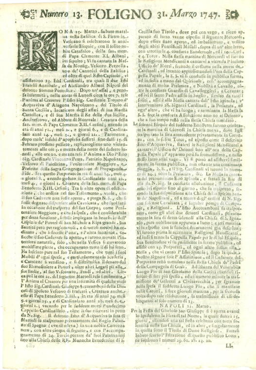 1747 GIORNALE DI FOLIGNO n. 13 Esequie del Cardinale Vincenzo PETRA