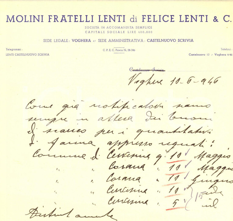 1946 VOGHERA (PV) Molino FRATELLI LENTI di FELICE LENTI & C. su consegna farina