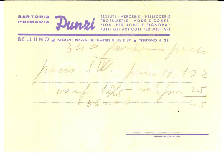 1950 ca BELLUNO Sartoria PUNZI Tessuti - mercerie *Cartoncino pubblicitario