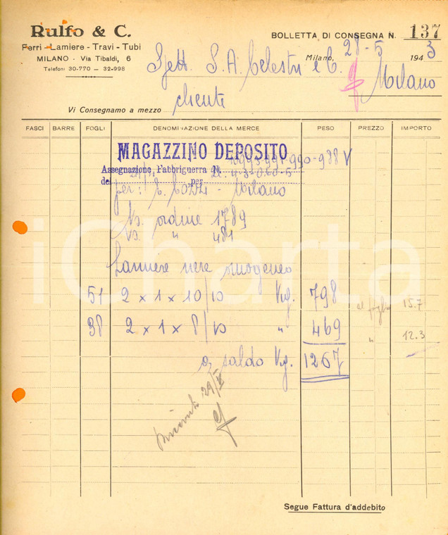 1943 MILANO Ditta RULFO & C. - Ferri lamiere travi tubi *Fattura intestata 