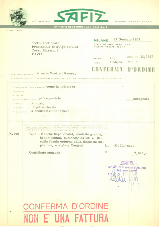 1957 MILANO Impianti Zootecnici Agricoli SAFIZ Acquisto marche SUPERCROTAL