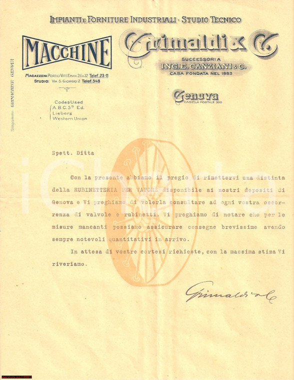 1910 circa GENOVA Impianti GRIMALDI Rubinetteria vapore