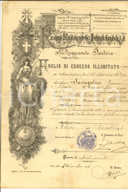1894 MOTTA VISCONTI (MI) Foglio di congedo illimitato per Giovanni SANTAGOSTINO