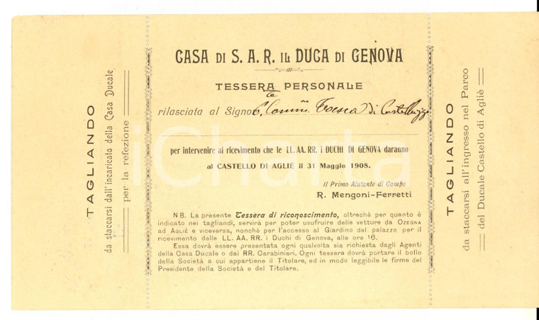 1908 AGLIE' (TO) Tessera invito alle nozze d'argento dei DUCHI DI GENOVA