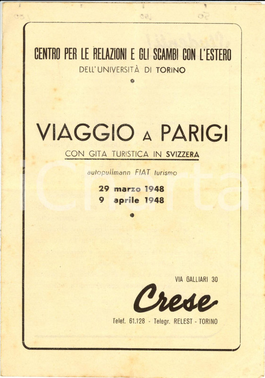 1948 TORINO CRESE Viaggio a PARIGI con gita in SVIZZERA *Programma del viaggio
