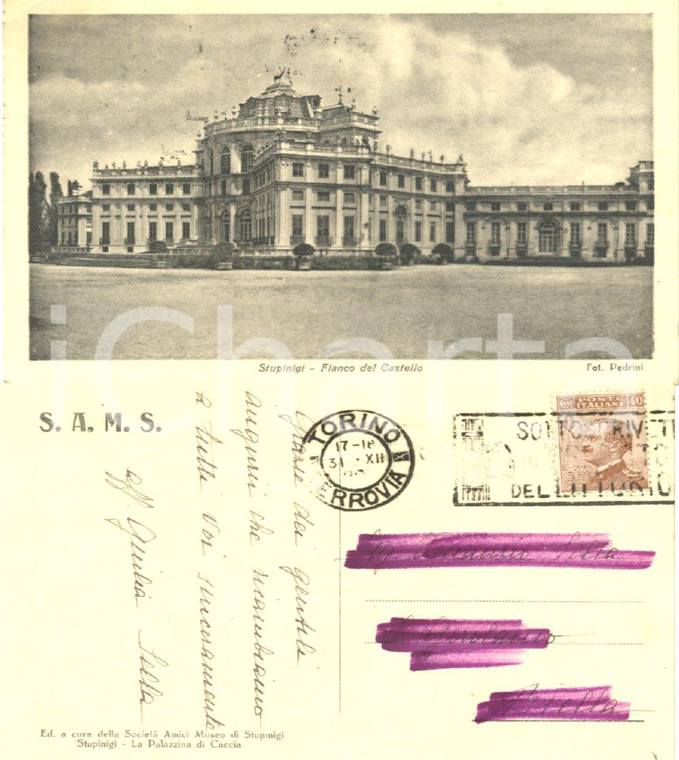 1928 STUPINIGI (TO) Fianco del Castello *Cartolina da Giulia a Venanzio SELLA 