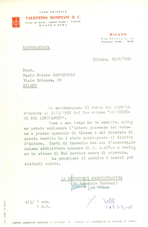 1962 MILANO Casa editrice BOMPIANI vende in blocco giacenze Paolo SANTANGELO