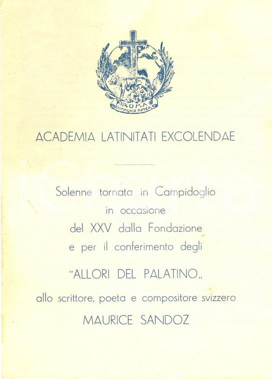 1955 ROMA Programma ACADEMIA LATINITATI EXCOLENDAE XXV anniversario *Volantino