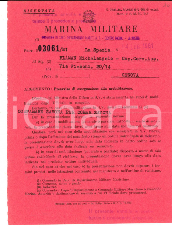 1961 LA SPEZIA MARINA MILITARE Michelangelo FLAMAN assegnato a COMAR SAVONA
