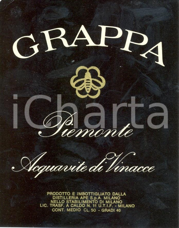 1970 ca MILANO GRAPPA PIEMONTE Distilleria APE Etichetta pubblicitaria