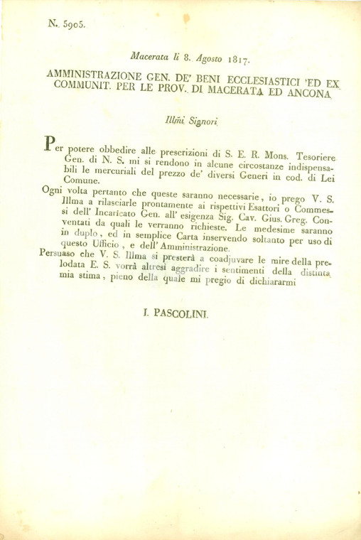 1817 MACERATA STATO PONTIFICIO Amministrazione Ecclesiastica chiede mercuriali