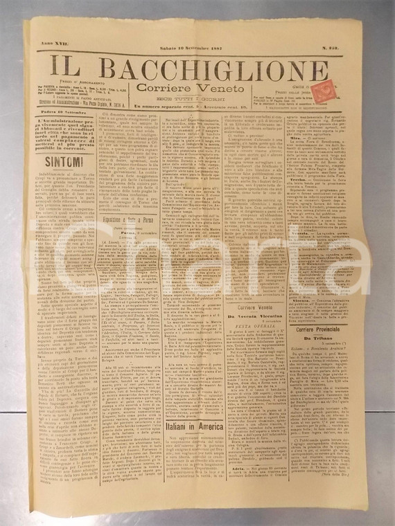 1887 IL BACCHIGLIONE Esposizione a Parma - Festa operaia a Noventa - Giornale