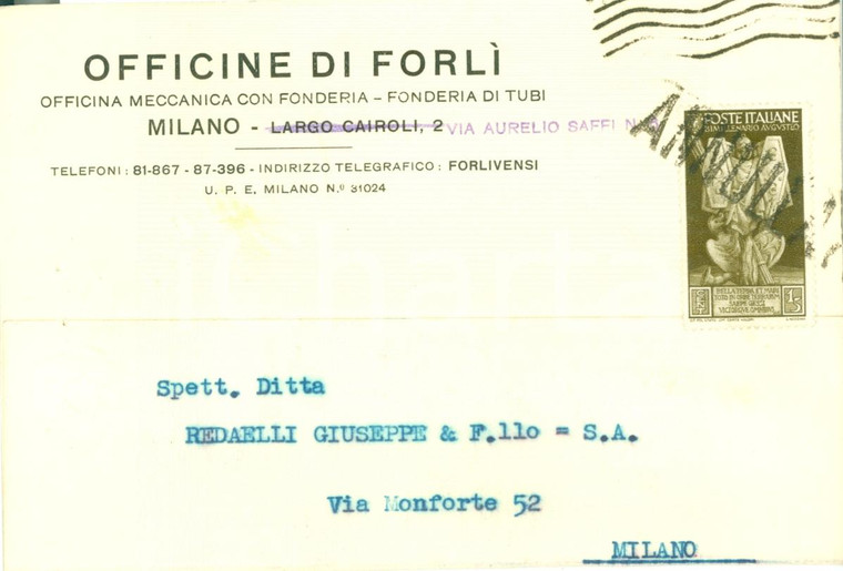 1938 MILANO Officine di FORLI' fonderia con tubi *Cartolina commerciale FG VG