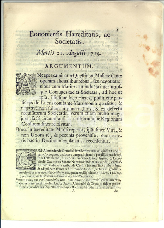 1714 BOLOGNA Lucia DE GRANDIS partecipa agli utili del marito Alessandro