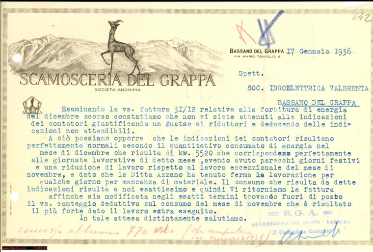 1956 BASSANO (VI) Scamosceria del Grappa bolletta RARO