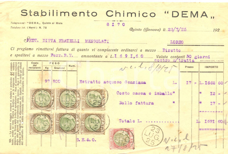1925 GENOVA QUINTO AL MARE Stabilimento chimico DEMA *Fattura commerciale