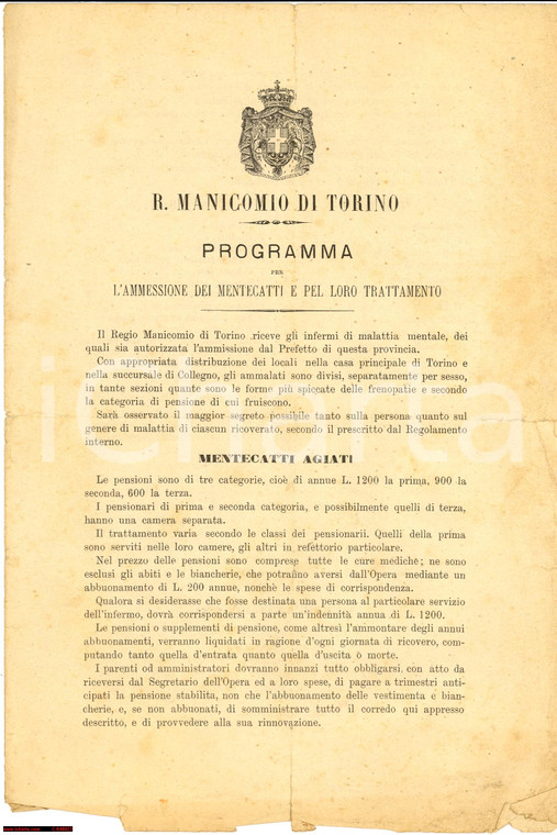 1892 MANICOMIO DI TORINO Programma per ammissione