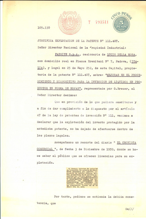 1959 BUENOS AIRES (ARGENTINA) Attestato per brevetto FAESITE iniettore liquidi