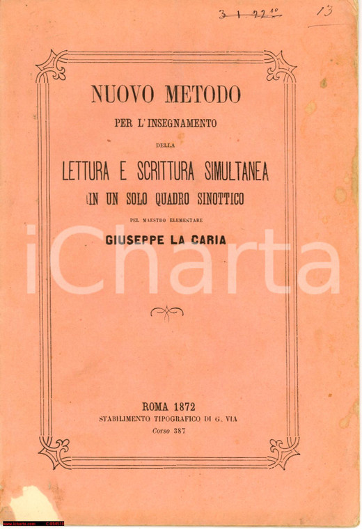 1872 Giuseppe LA CARIA Insegnamento lettura e scrittura